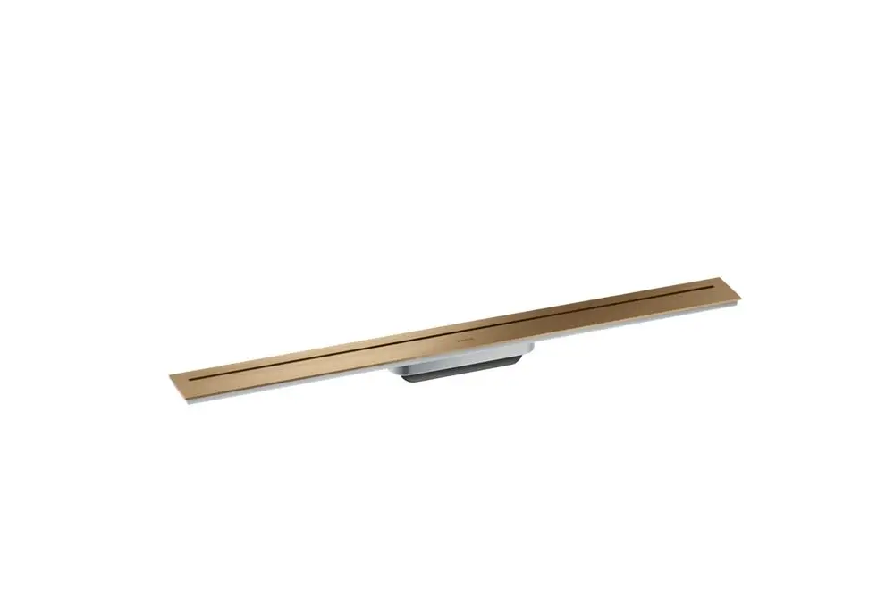 Duschrinne in brushed bronze von AXOR, lang und schmal, zur Integration in Duschbereichen für eine elegante Wasserableitung.